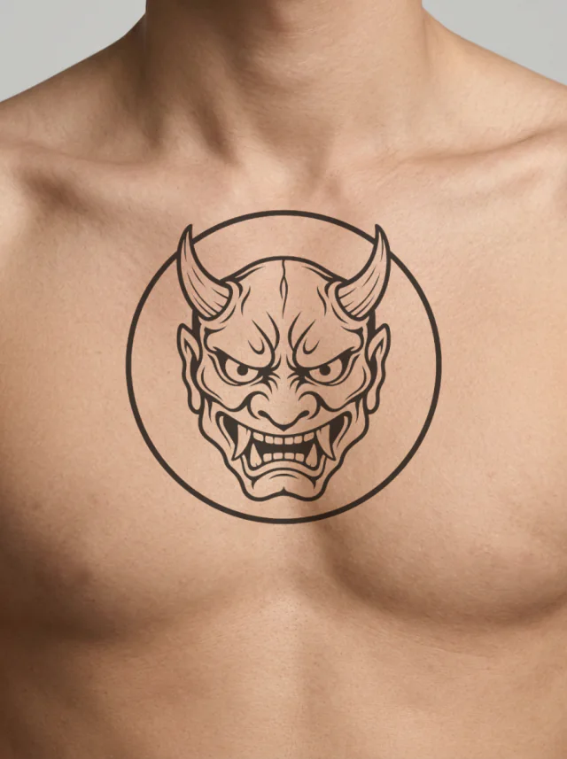 Blackwork Oni Mask Inside a Simple Roundel Tattoo on-skin preview