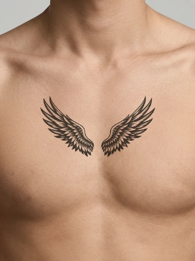 Blackwork Mirrored Wings Collarbone Tattoo on-skin preview
