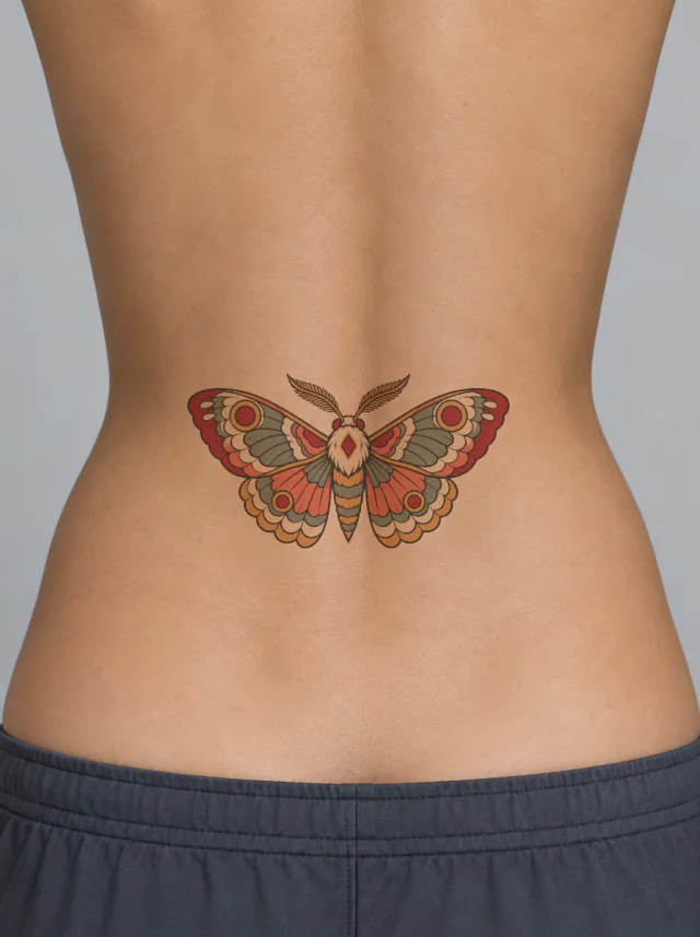 Neo-Traditional Moth Lower Back Tattoo on-skin preview