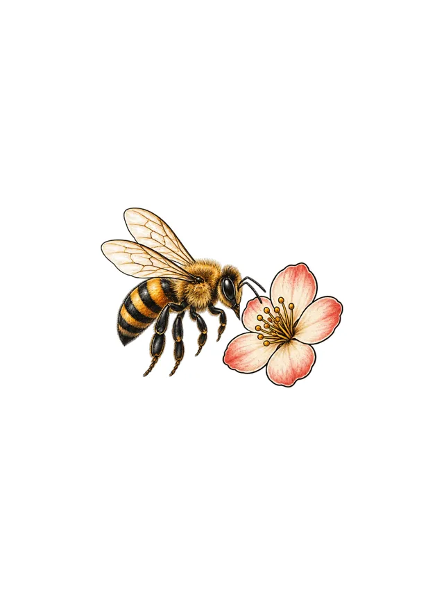 Illustrative Bee and Flower Collarbone Tattoo clean design