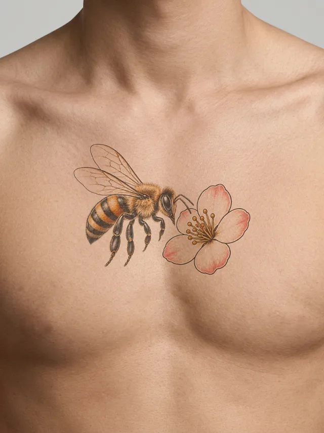 Illustrative Bee and Flower Collarbone Tattoo on-skin preview