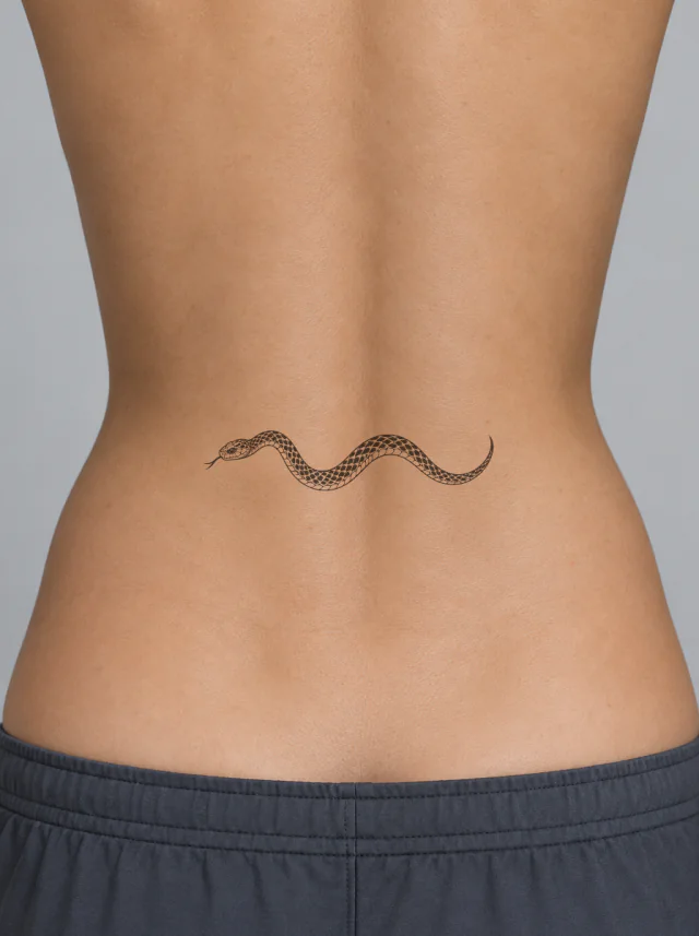 Blackwork Snake Lower Back Tattoo on-skin preview