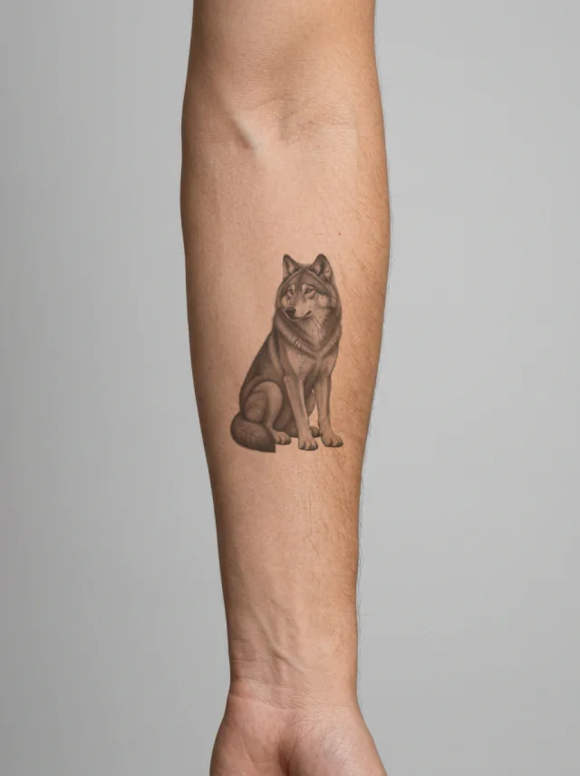 Seated Micro Realism Wolf Tattoo on-skin preview
