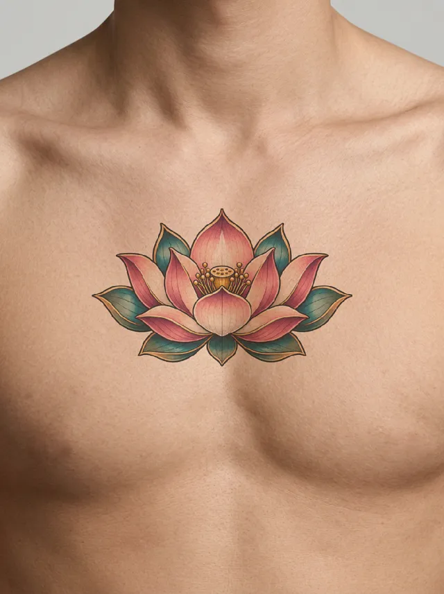 Neo-Traditional Lotus Collarbone Tattoo on-skin preview
