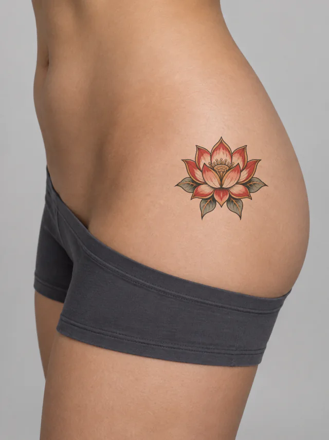 Neo-Traditional Lotus Hip Tattoo on-skin preview