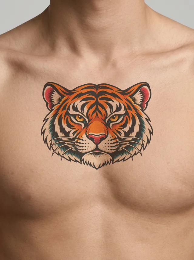 Old School Tiger Head Collarbone Tattoo on-skin preview