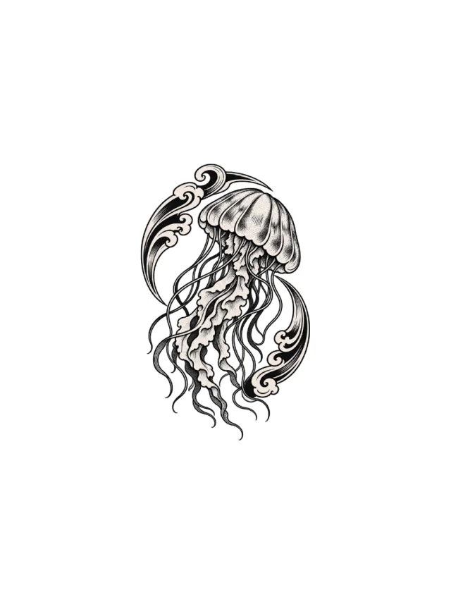 Blackwork Jellyfish Framed by Two Wind-Bar Curves Tattoo clean design