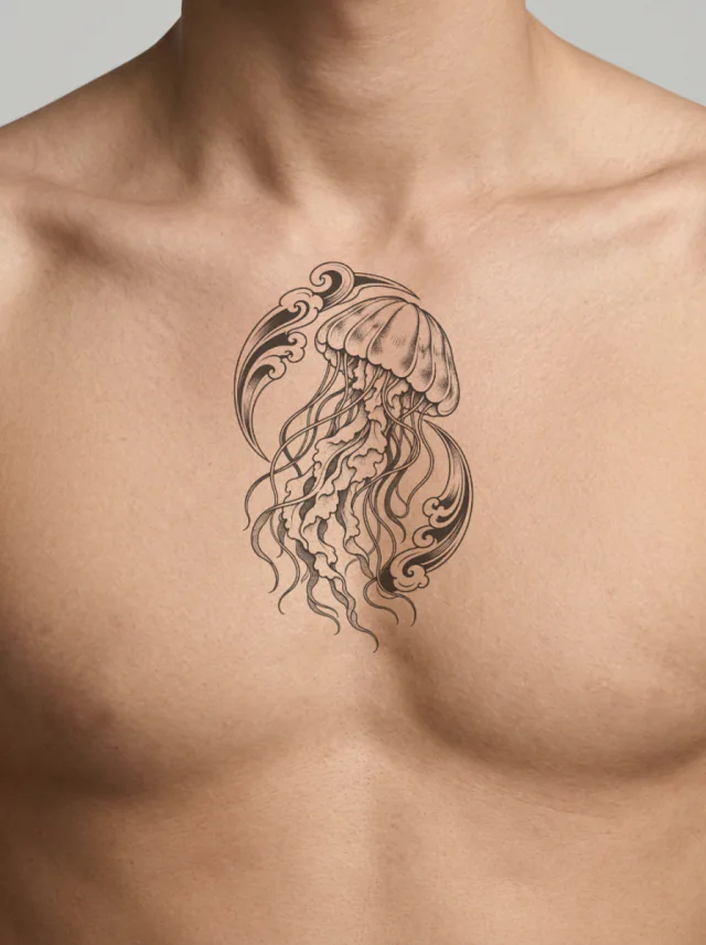 Blackwork Jellyfish Framed by Two Wind-Bar Curves Tattoo on-skin preview