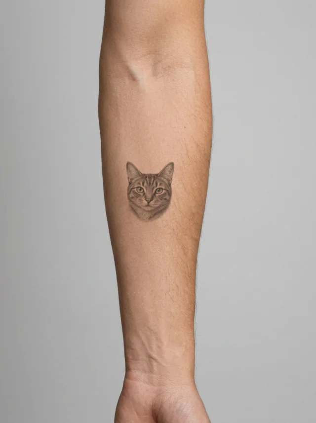 Tatuagem de gato no braço, aplicada na pele