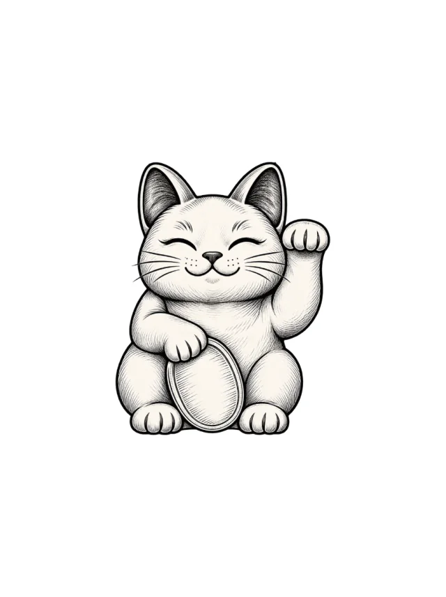 Engraved Maneki-Neko Holding Unmarked Coin Tattoo clean design