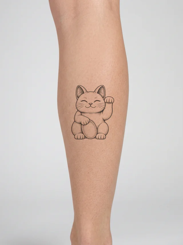 Engraved Maneki-Neko Holding Unmarked Coin Tattoo on-skin preview