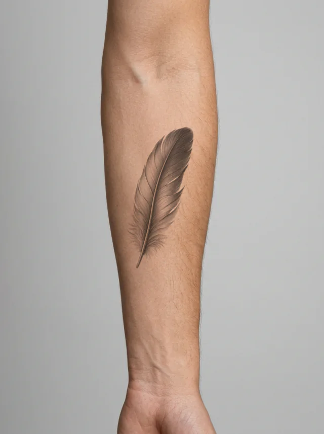 Tatuagem de pena no braço, aplicada na pele