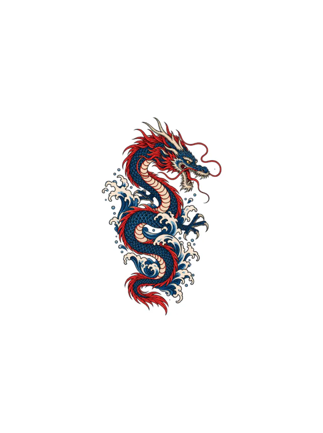 Indigo-And-Red Japanese-Inspired Dragon Rising through Waves Tattoo clean design