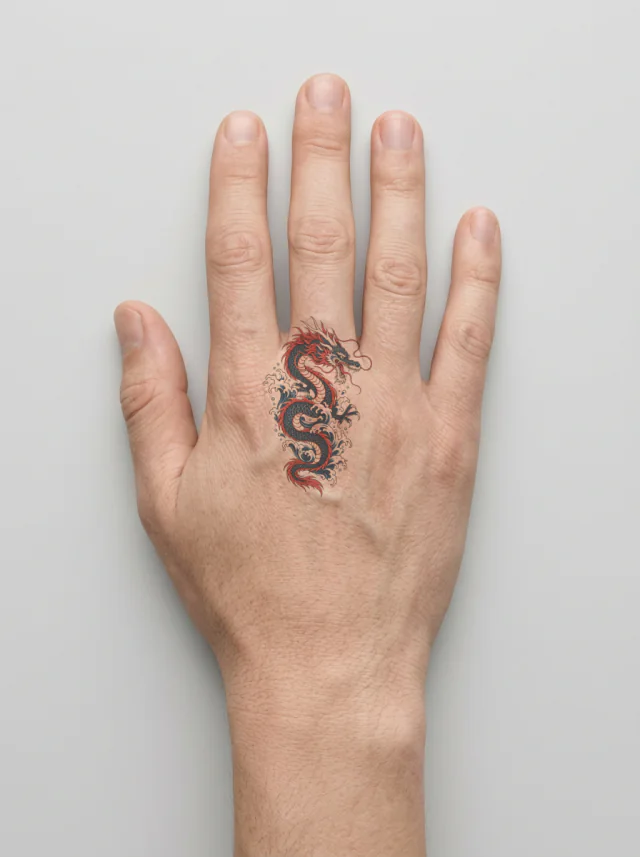 Indigo-And-Red Japanese-Inspired Dragon Rising through Waves Tattoo on-skin preview