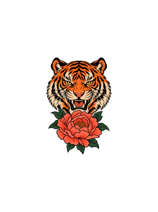 Japanese Tiger and Peony Tattoo clean design