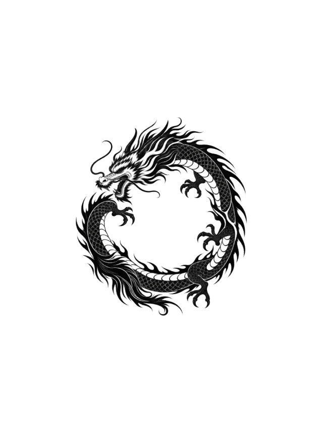 Blackwork Japanese-Inspired Dragon Forming a Circular Coil around Open Negative Space Tattoo clean design