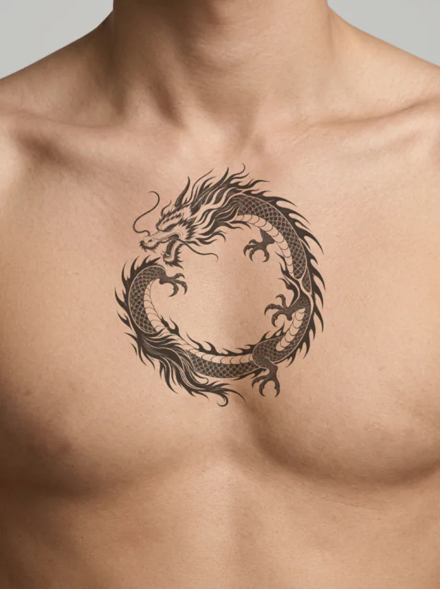 Blackwork Japanese-Inspired Dragon Forming a Circular Coil around Open Negative Space Tattoo on-skin preview