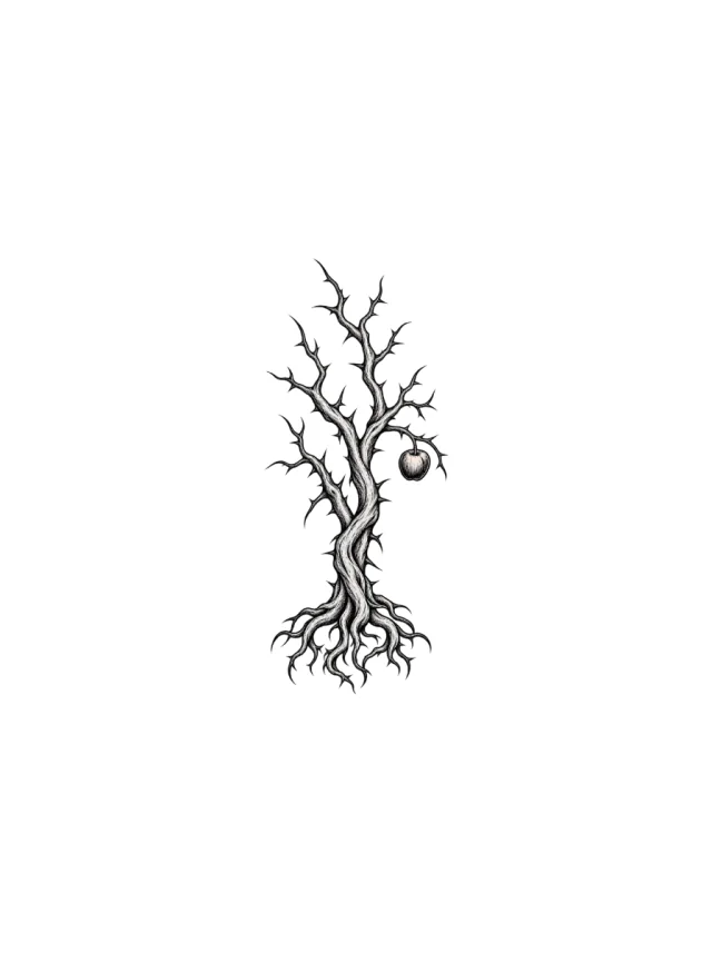 Narrow Thorny Tree with Split Trunk and Apple Tattoo clean design