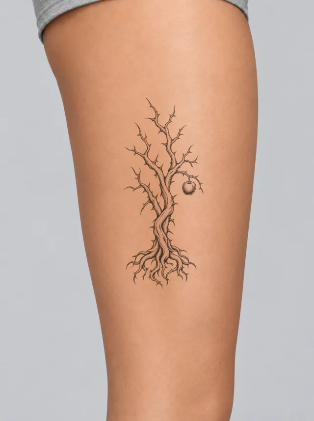 Narrow Thorny Tree with Split Trunk and Apple Tattoo on-skin preview