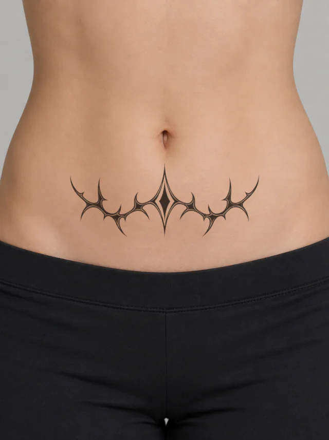 Lower Belly Gothic Diamond Crest Tattoo on-skin preview