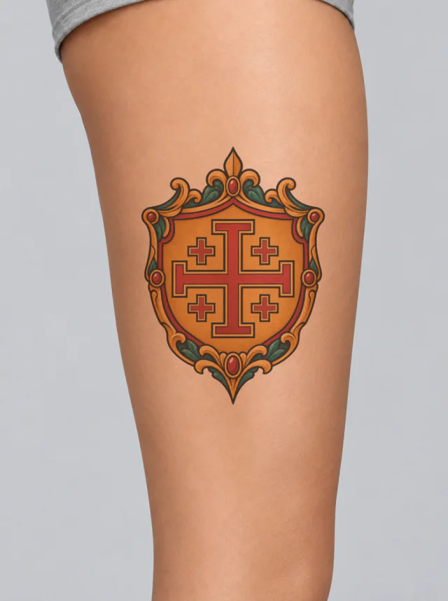 Jerusalem Cross Amber Crest Tattoo on-skin preview
