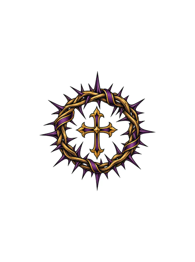 Crown of Thorns with Restrained Purple and Gold Accents and Small Cross Tattoo clean design