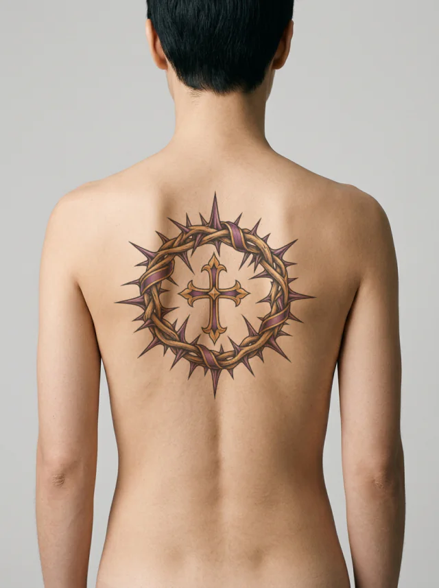 Crown of Thorns with Restrained Purple and Gold Accents and Small Cross Tattoo on-skin preview