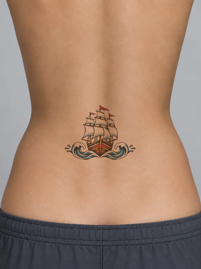 Old School Ship Lower Back Tattoo on-skin preview