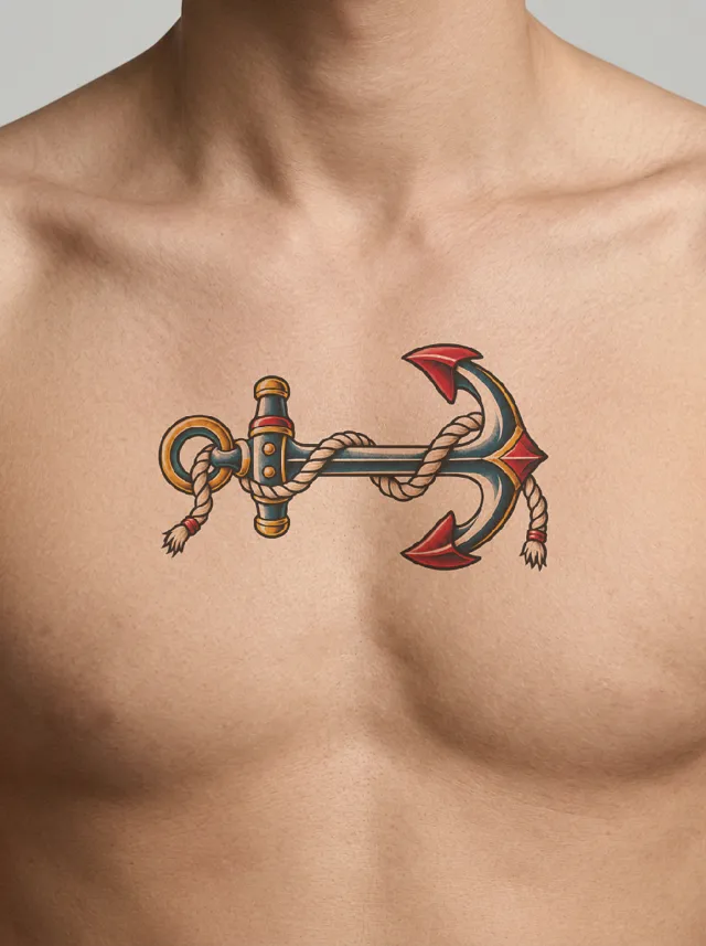 Old School Anchor and Rope Collarbone Tattoo on-skin preview