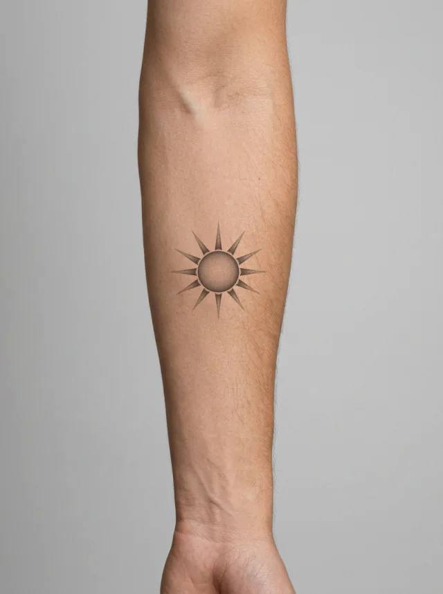 Pointed Ray Dotwork Sun Tattoo on-skin preview