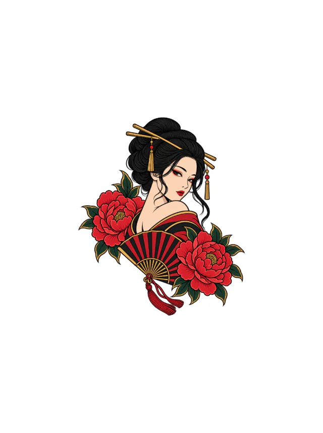 Geisha-Inspired Portrait Framed by Two Peony Blossoms and Fan Tattoo clean design