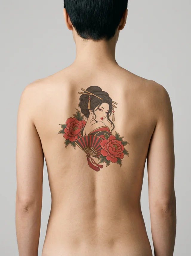 Geisha-Inspired Portrait Framed by Two Peony Blossoms and Fan Tattoo on-skin preview