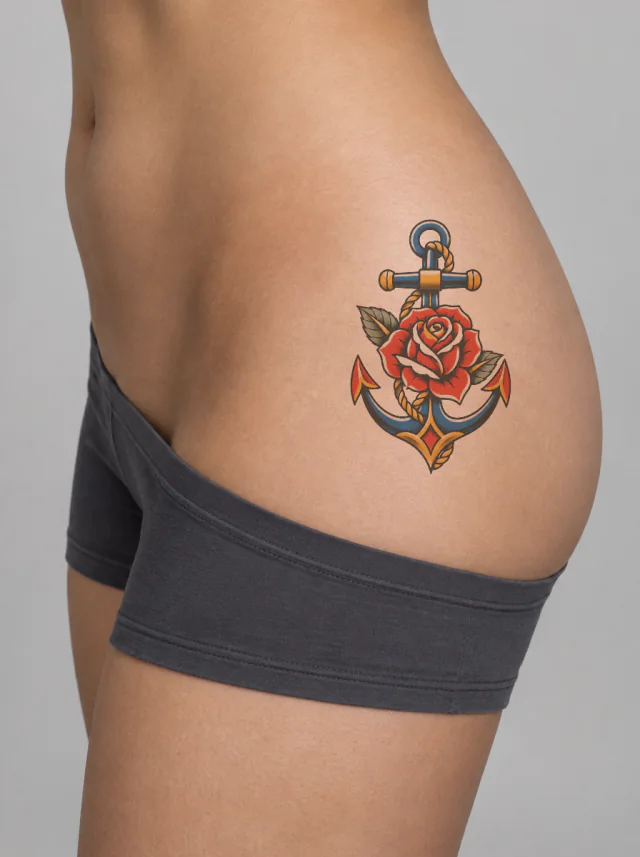 Old School Anchor and Rose Hip Tattoo on-skin preview