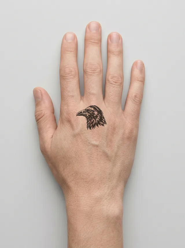 Blackwork Raven Head Hand Tattoo on-skin preview