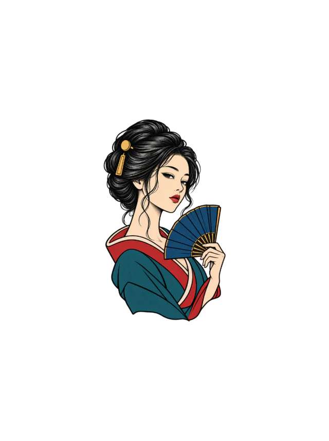 Geisha-Inspired Portrait with a Blue Fan and Gold Hair Ornaments Tattoo clean design