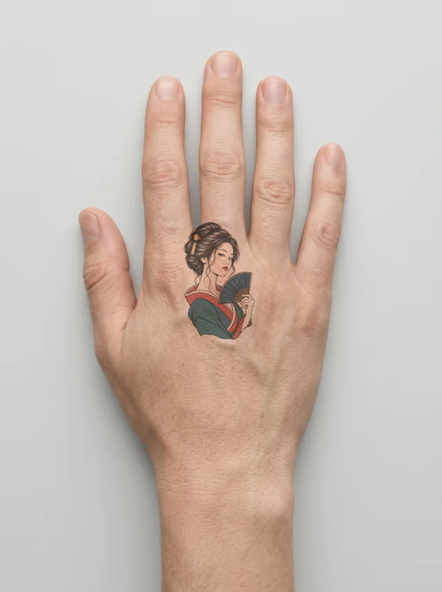 Geisha-Inspired Portrait with a Blue Fan and Gold Hair Ornaments Tattoo on-skin preview