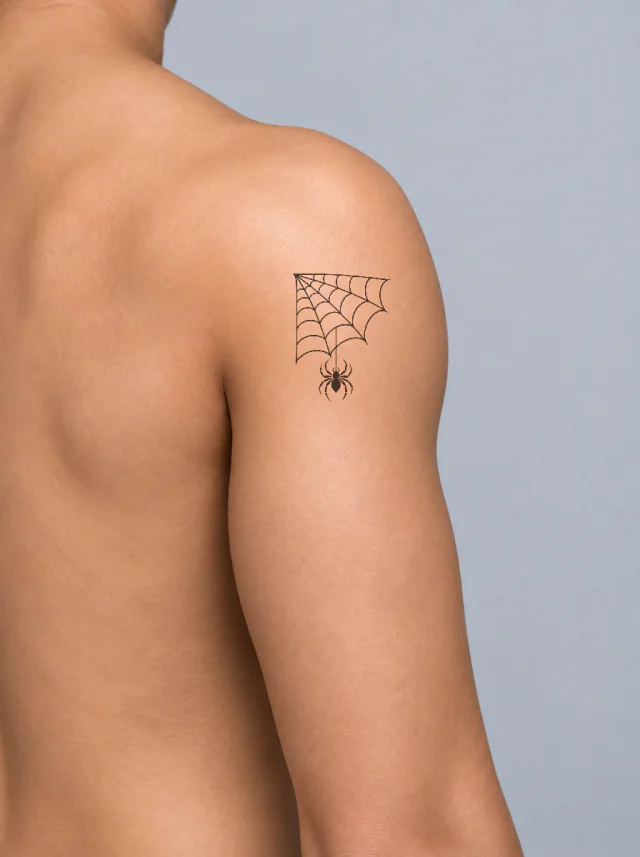Blackwork Spider Web Shoulder Tattoo on-skin preview