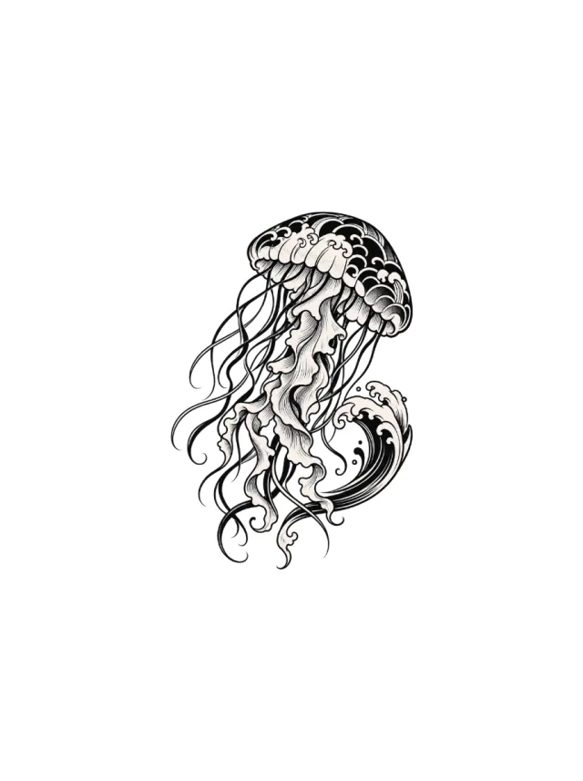 Japanese-Inspired Jellyfish with a Patterned Bell and Long Flowing Tentacles Tattoo clean design