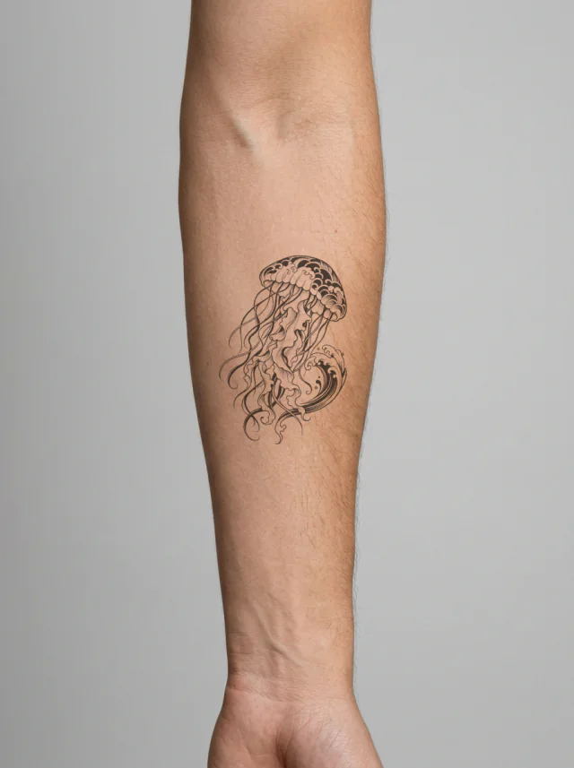 Japanese-Inspired Jellyfish with a Patterned Bell and Long Flowing Tentacles Tattoo on-skin preview