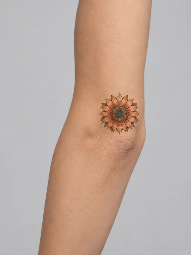 Illustrative Sunflower Elbow Tattoo on-skin preview