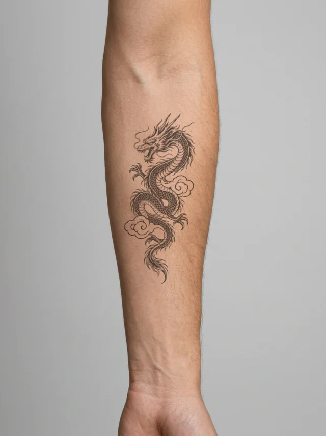 Japanese-Inspired Serpentine Dragon Coiling Upward through Two Cloud Curls Tattoo on-skin preview