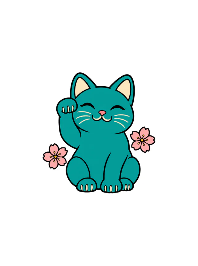 Teal-And-Gold Maneki-Neko with Right Paw Raised and Two Cherry Blossoms Tattoo clean design