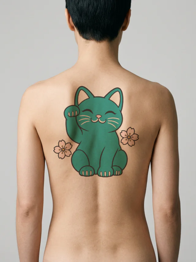 Teal-And-Gold Maneki-Neko with Right Paw Raised and Two Cherry Blossoms Tattoo on-skin preview