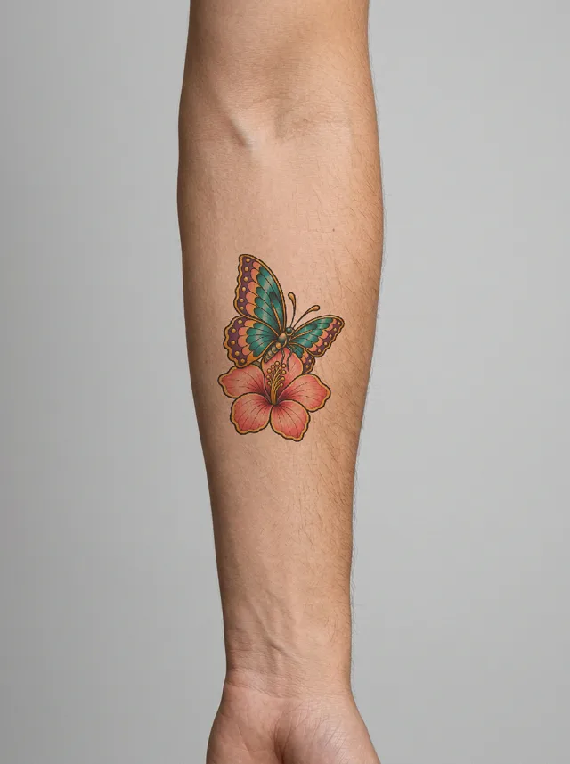 Neo-Traditional Butterfly Flower Forearm Tattoo on-skin preview