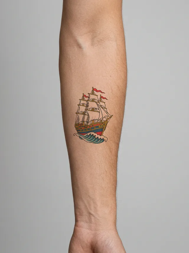 Old School Ship Forearm Tattoo on-skin preview