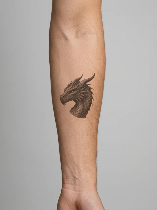 Swept Horn Grey Dragon Portrait Tattoo on-skin preview