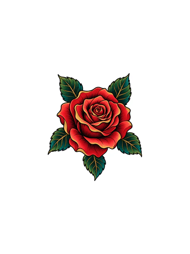 Neo-Traditional Rose and Leaves Thigh Tattoo clean design