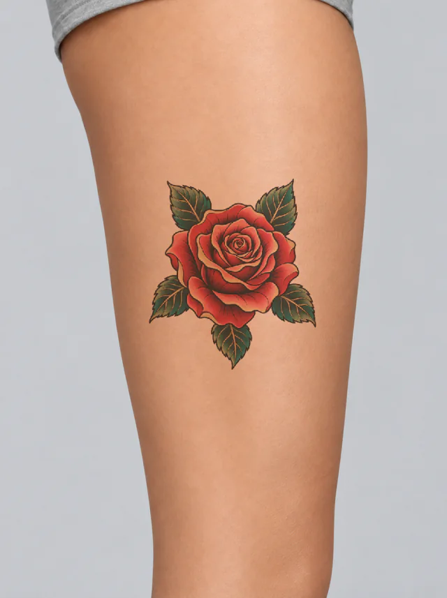 Neo-Traditional Rose and Leaves Thigh Tattoo on-skin preview