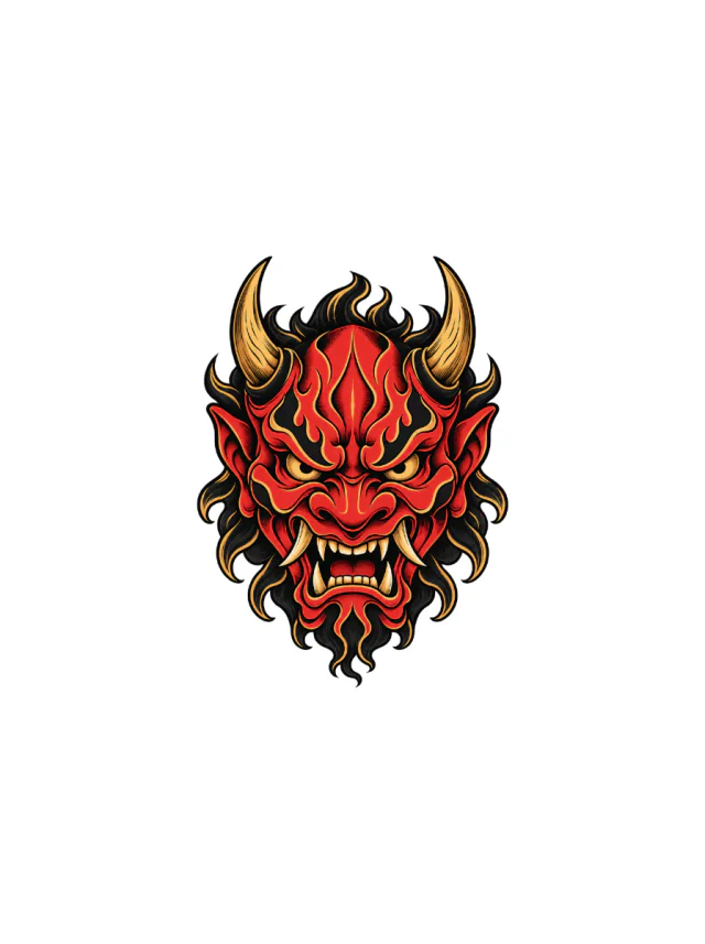 Old-School Red Oni Mask with Black and Gold Accents Tattoo clean design