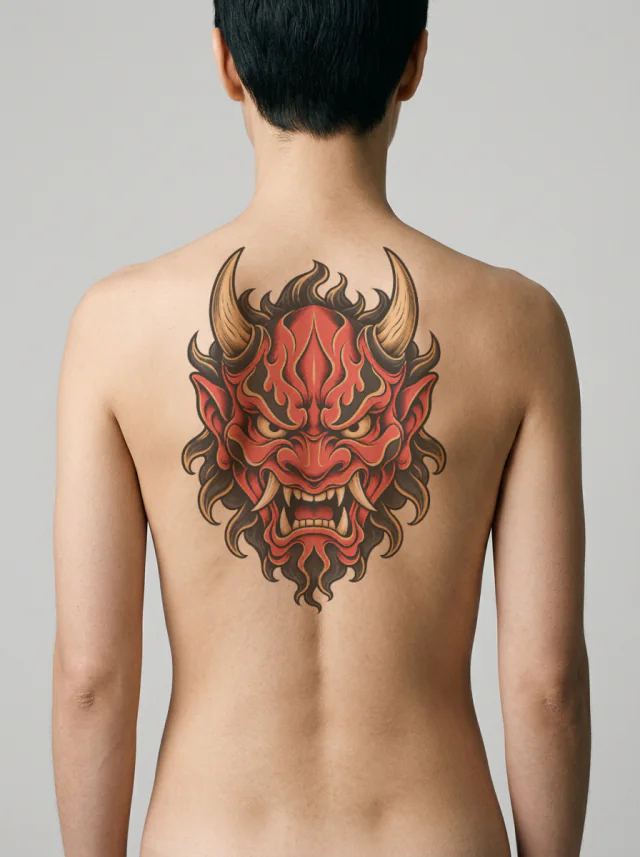 Old-School Red Oni Mask with Black and Gold Accents Tattoo on-skin preview